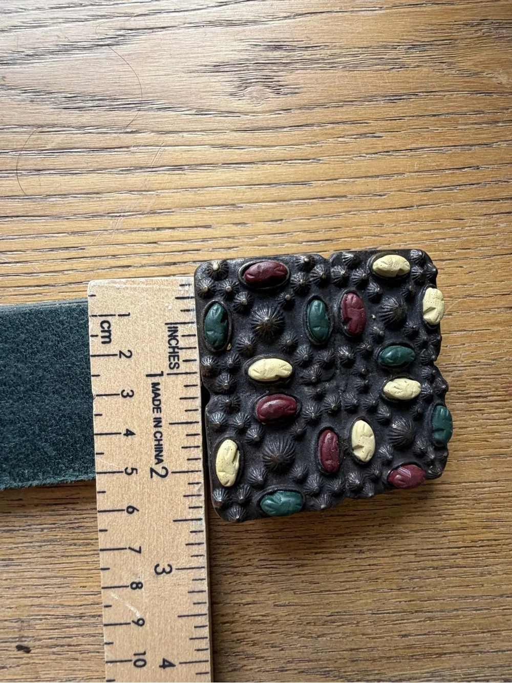 Black Leather Belt with Multicolored Beaded Square Buckle